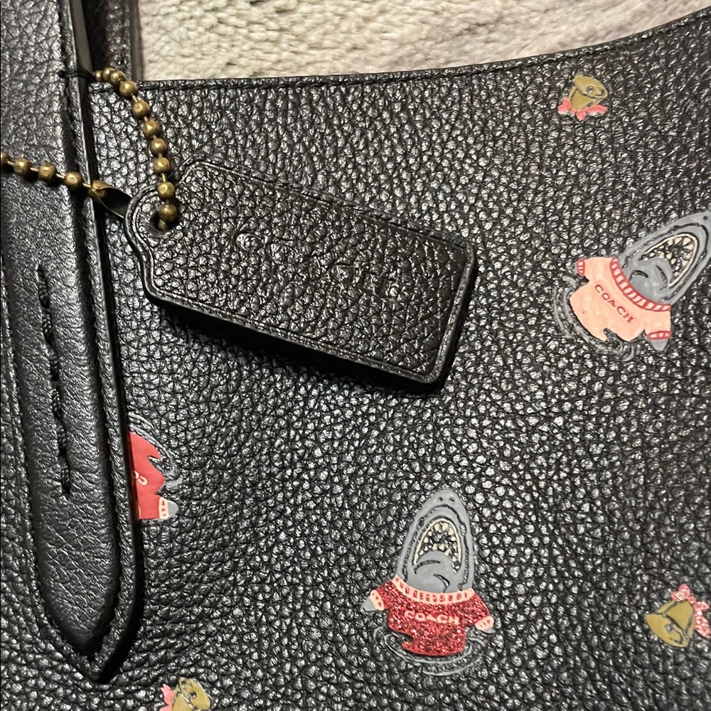 Elegant Black Coach Holiday Tote Bag with Sharks in Sweaters Patterned Design - Picture 2 of 6